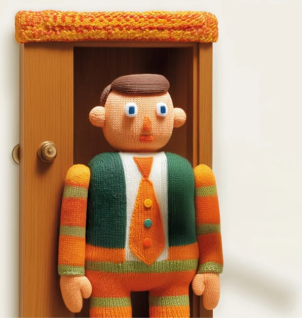 Cartoon doorman in front of a wooden door